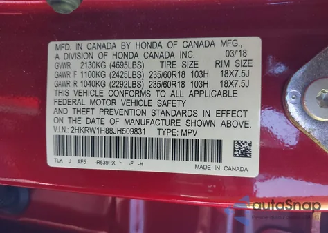 2018 Honda Cr-V Ex-L/Ex-L Navi from USA, damaged, VIN 2HKRW1H88JH509831